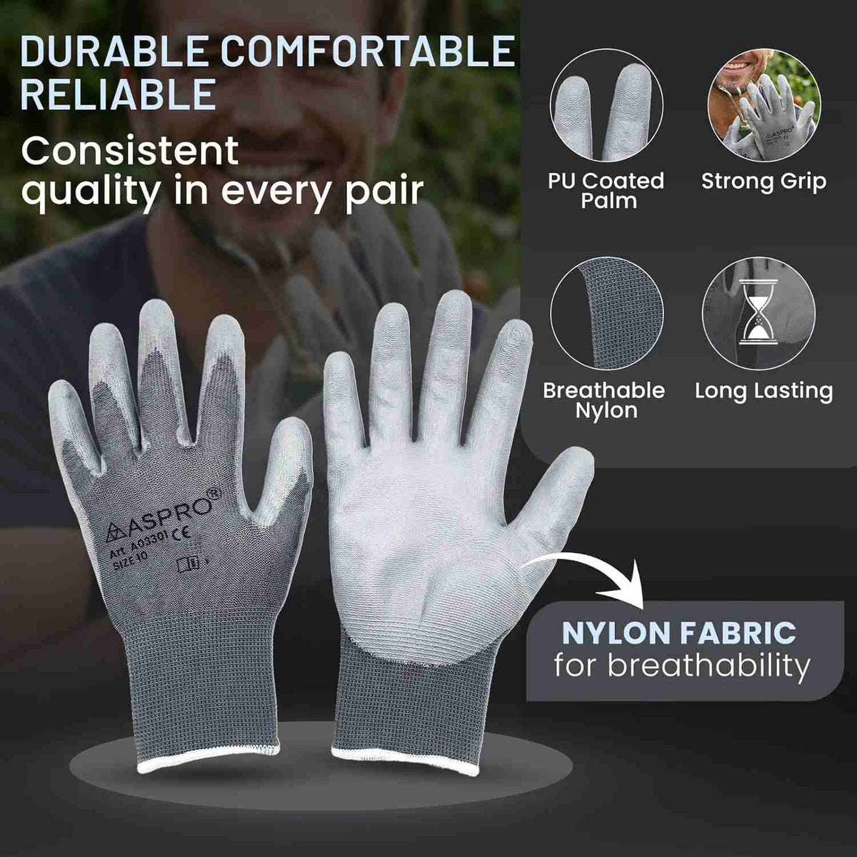 PU Coated Work Gloves, Grey Nylon, Packs of 10 Pairs