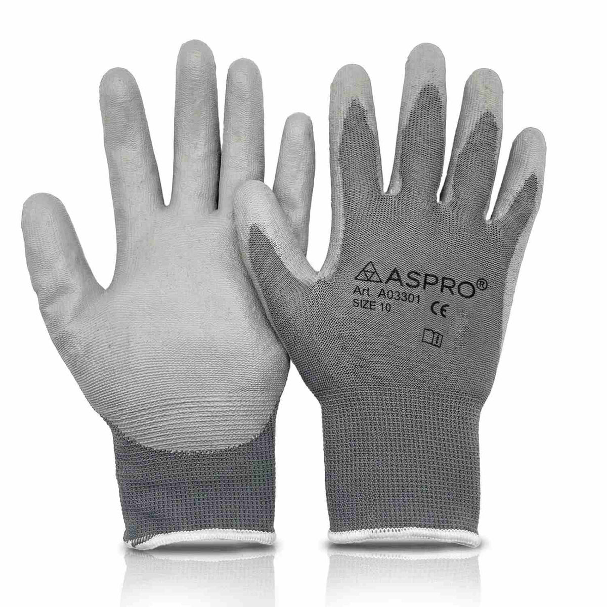 PU Coated Work Gloves, Grey Nylon, Packs of 10 Pairs