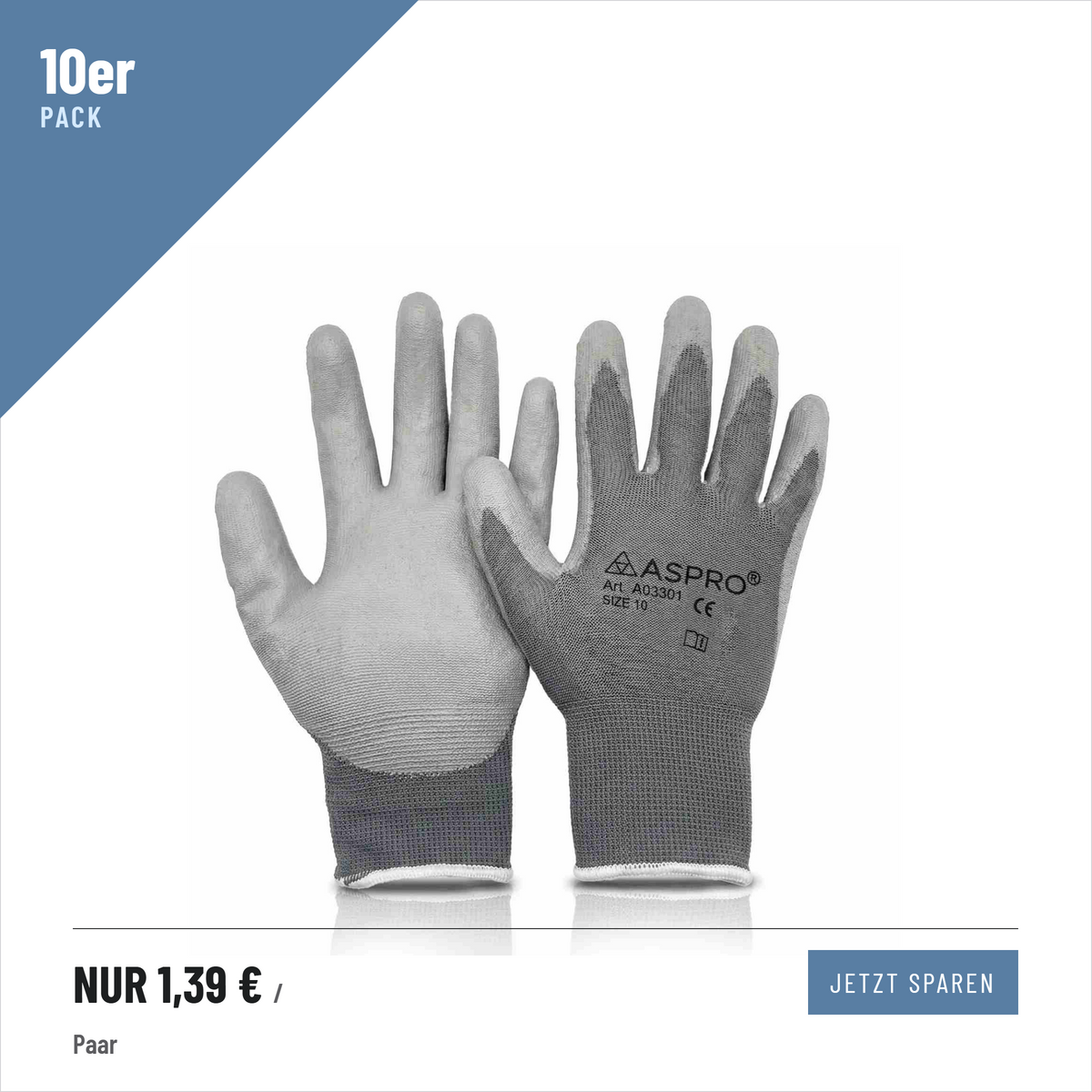 PU Coated Work Gloves, Grey Nylon, Packs of 10 Pairs