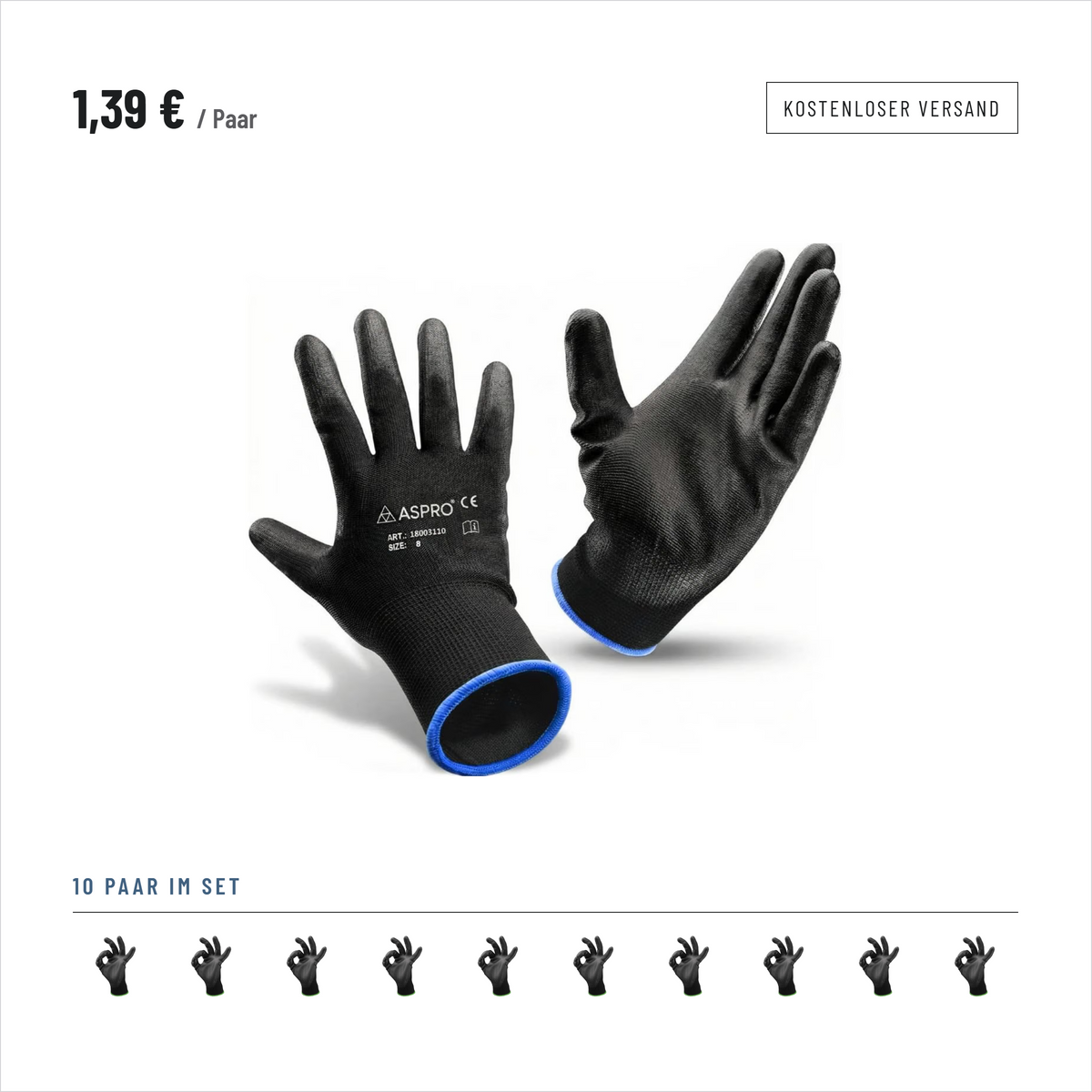 PU Coated Work Gloves, Black Nylon, Packs of 10 Pairs