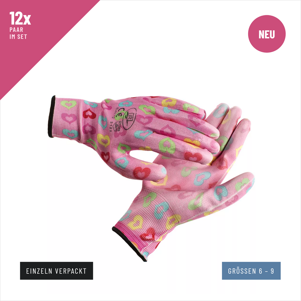 Patterned Garden Gloves, Pink PU Coated, Packs of 12 Pairs