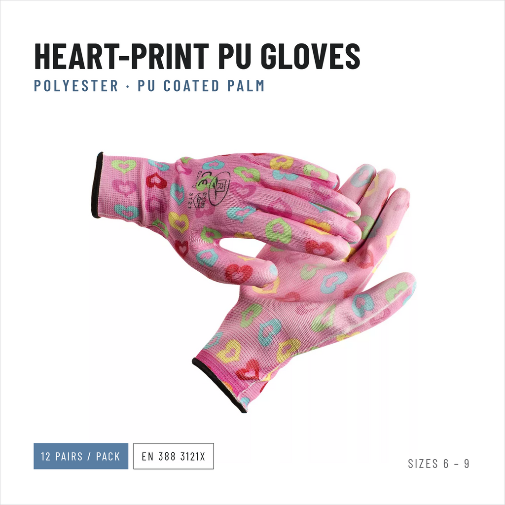Patterned Garden Gloves, Pink PU Coated, Packs of 12 Pairs