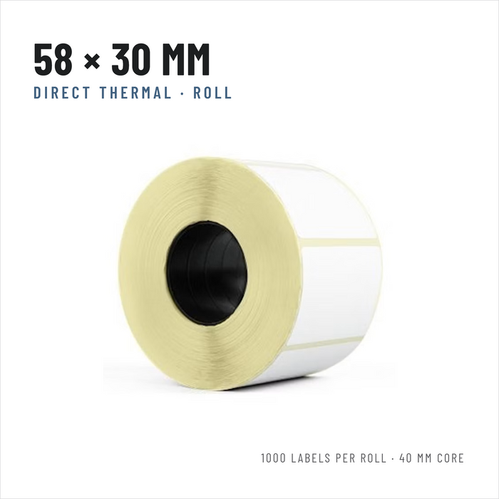 Direct Thermal Marking Labels 58 x 30 mm, 1,000 Labels per Roll, 40 mm Core