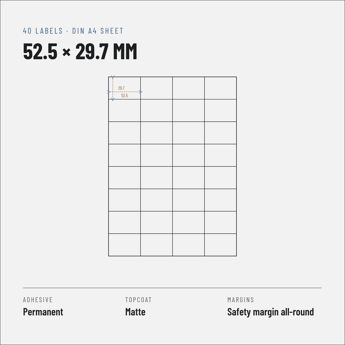 A4 Laser Labels 52.5 x 29.7 mm, 40 per Sheet