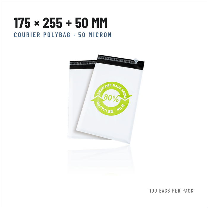 Courier Polybags 175 x 255 + 50 mm, White, 50 Micron