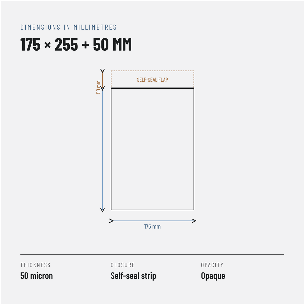 Courier Polybags 175 x 255 + 50 mm, White, 50 Micron