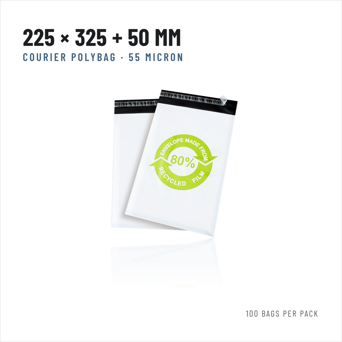 Courier Polybags 225 x 325 + 50 mm, White, 55 Micron