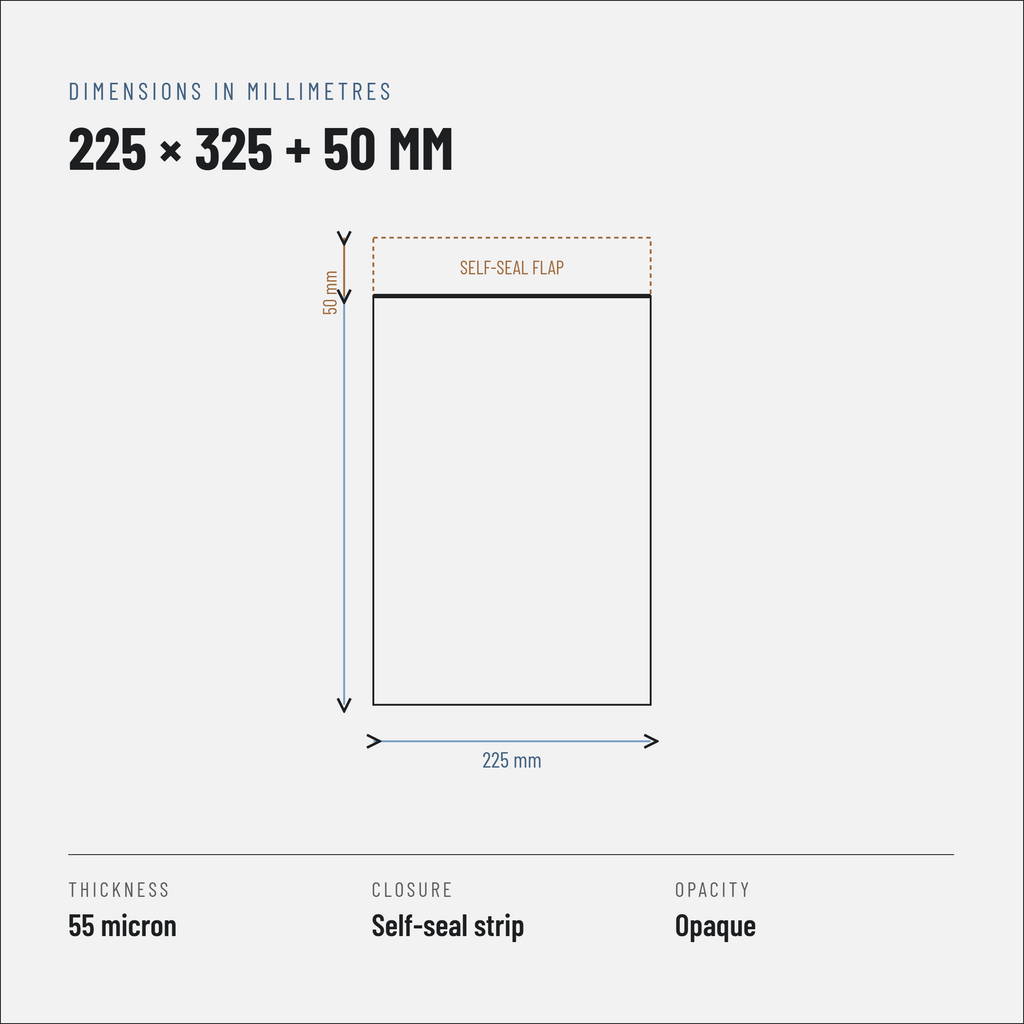 Courier Polybags 225 x 325 + 50 mm, White, 55 Micron