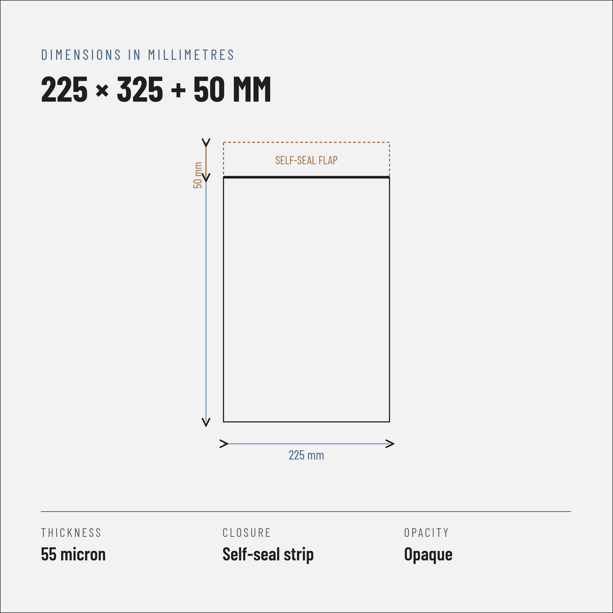 Courier Polybags 225 x 325 + 50 mm, White, 55 Micron