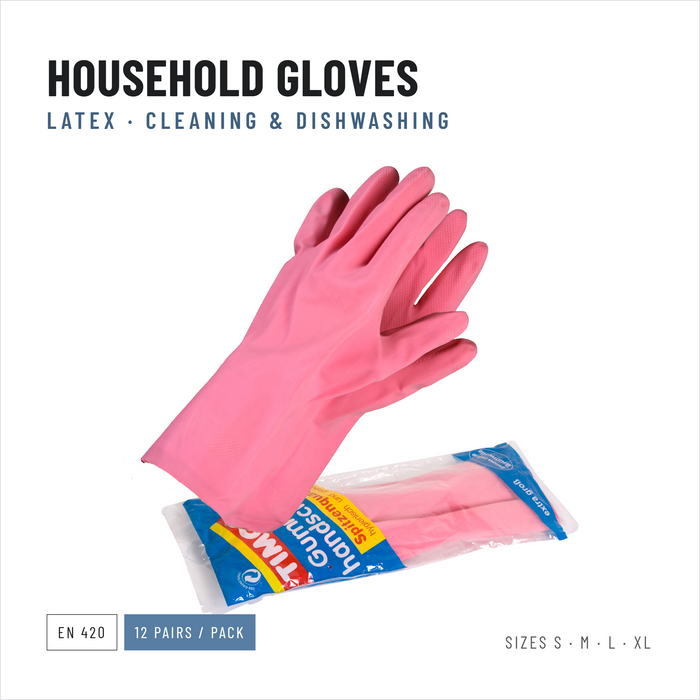 Household Latex Gloves, Pink, Reusable, Packs of 12 Pairs