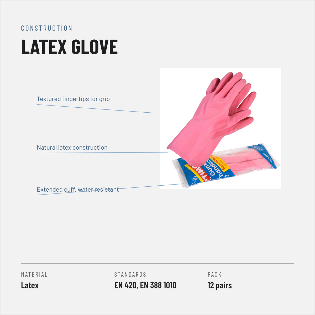 Household Latex Gloves, Pink, Reusable, Packs of 12 Pairs