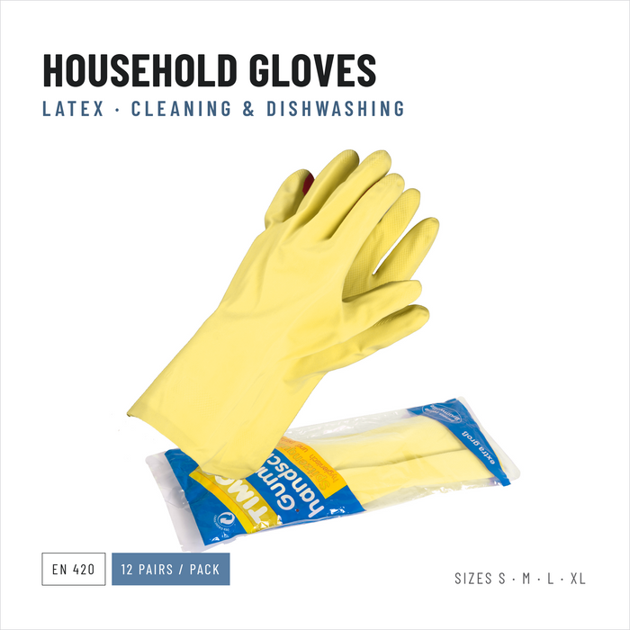 Household Latex Gloves, Yellow, Reusable, Packs of 12 Pairs