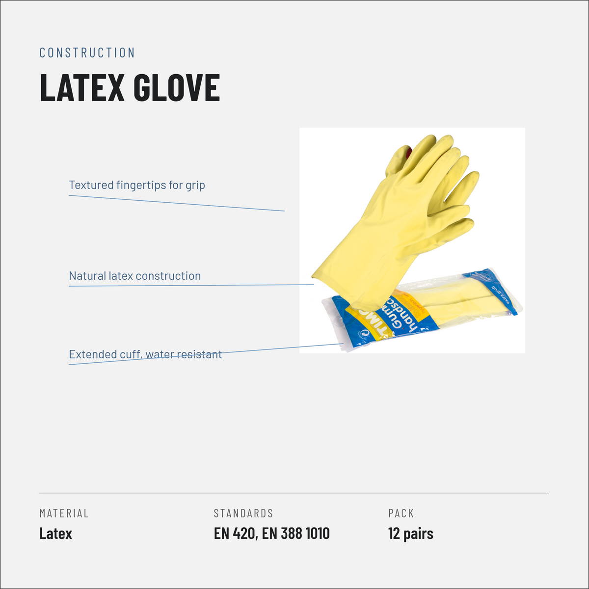 Household Latex Gloves, Yellow, Reusable, Packs of 12 Pairs