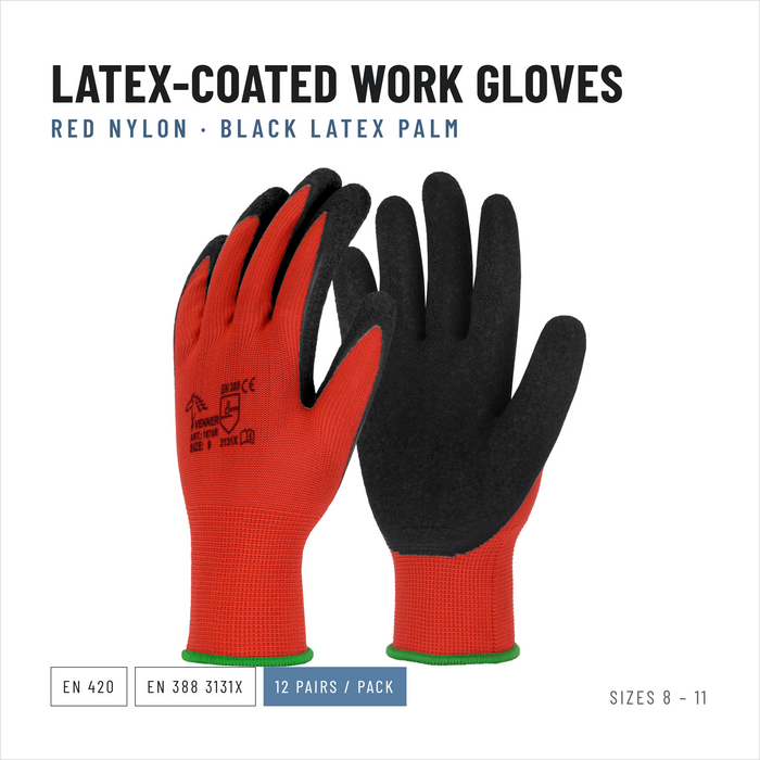 Latex Coated Work Gloves, Red and Black, EN 388 3131X, Packs of 12 Pairs