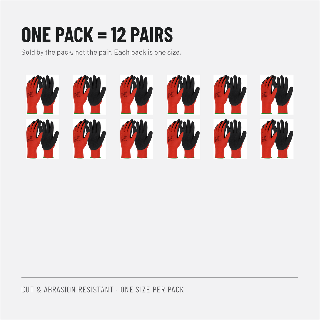 Latex Coated Work Gloves, Red and Black, EN 388 3131X, Packs of 12 Pairs