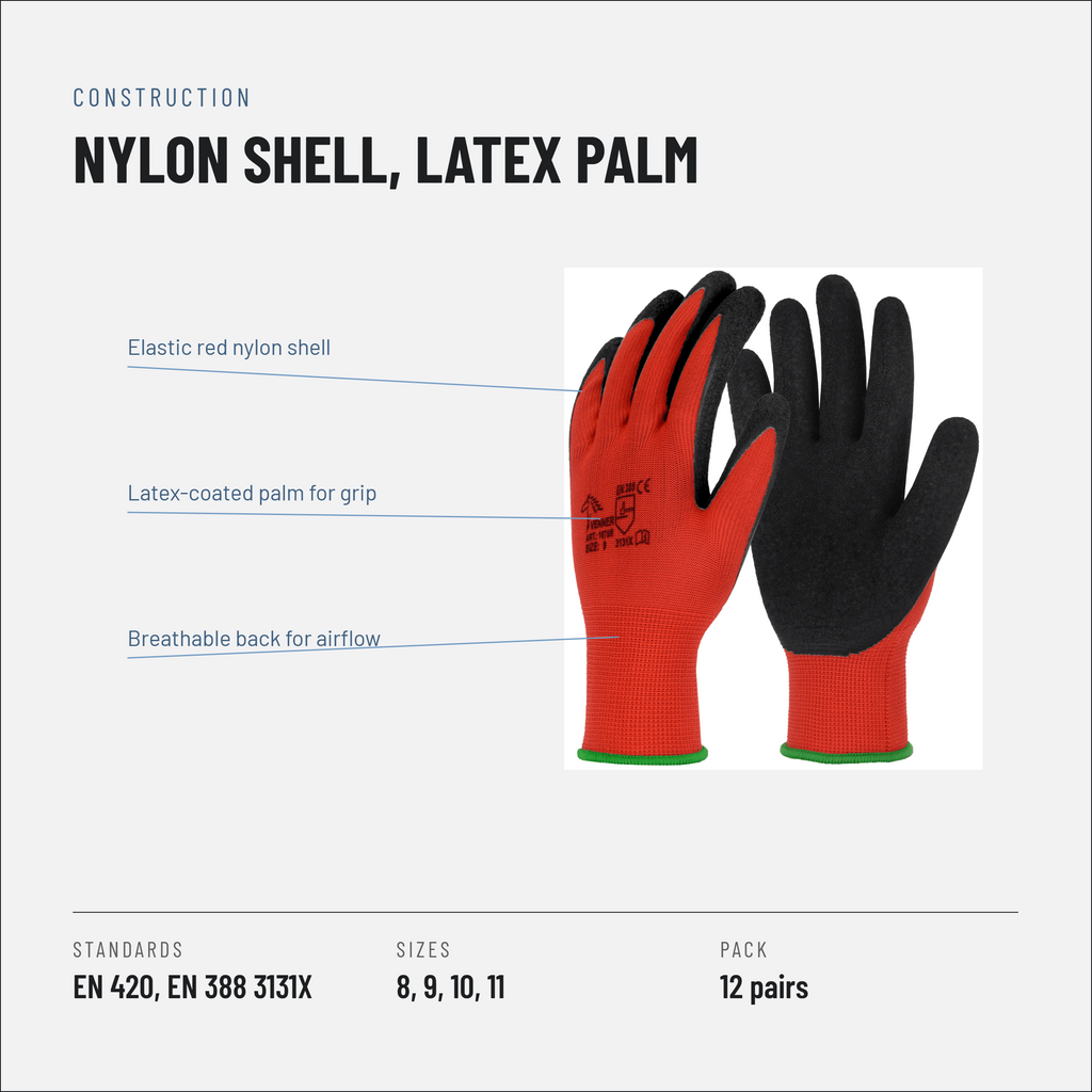 Latex Coated Work Gloves, Red and Black, EN 388 3131X, Packs of 12 Pairs