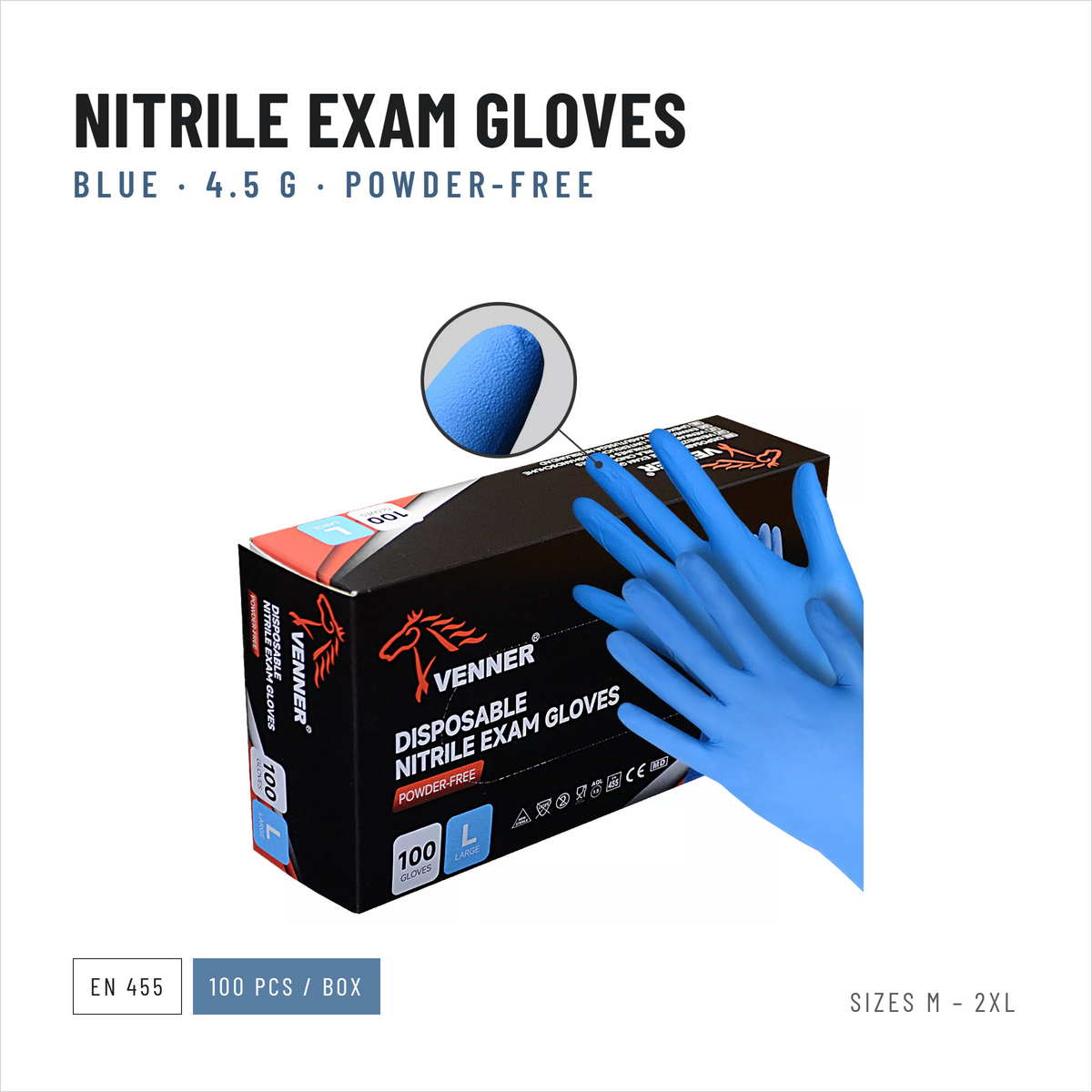Nitrile Examination Gloves, Blue, 4.5 g, Boxes of 100