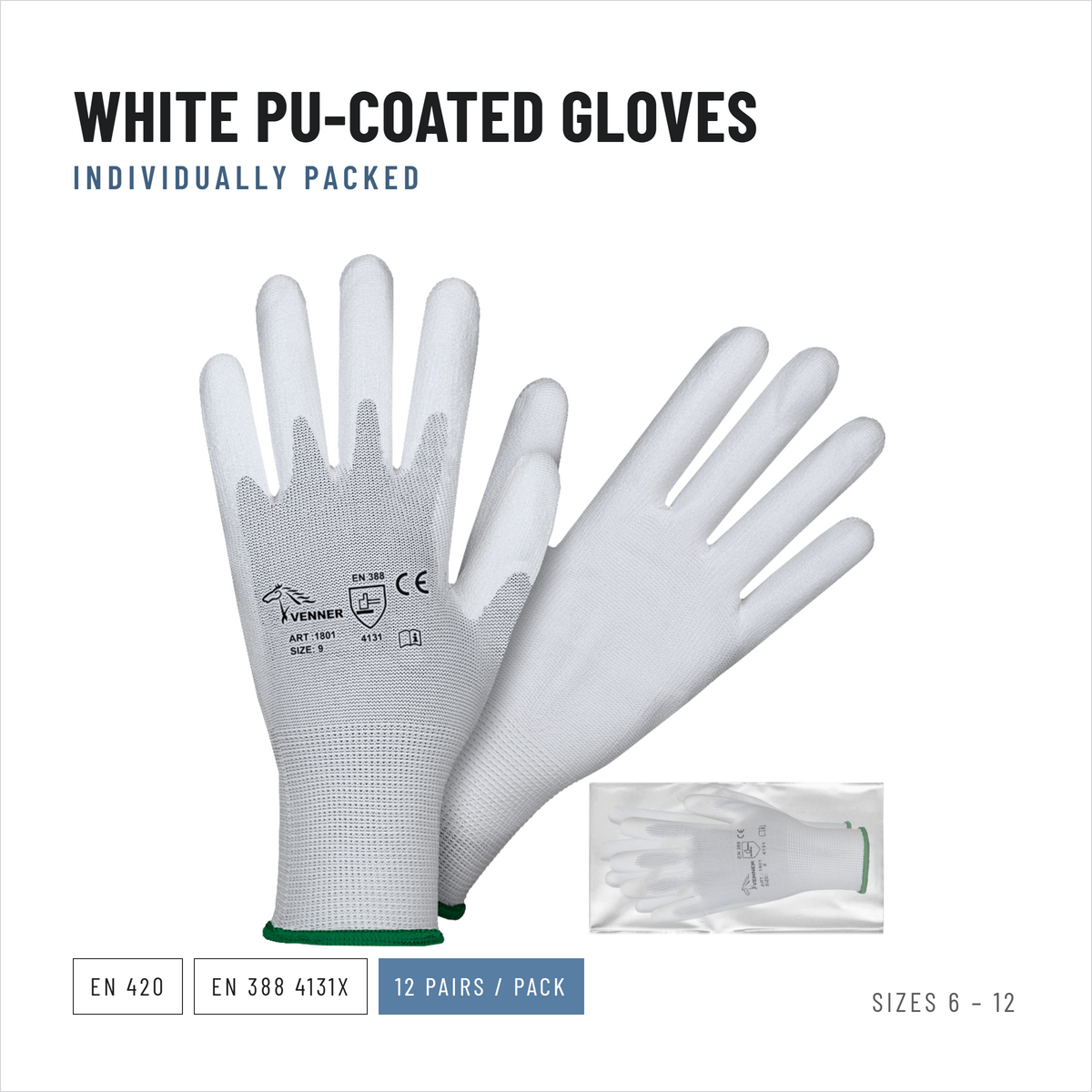 PU Coated Work Gloves, White, EN 388 4131X, Packs of 12 Pairs
