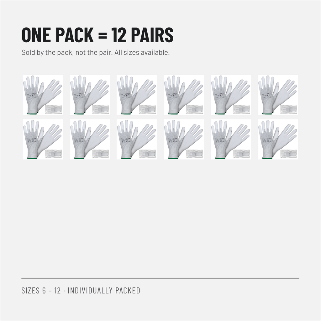 PU Coated Work Gloves, White, EN 388 4131X, Packs of 12 Pairs