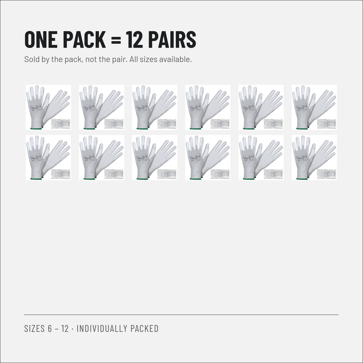 PU Coated Work Gloves, White, EN 388 4131X, Packs of 12 Pairs