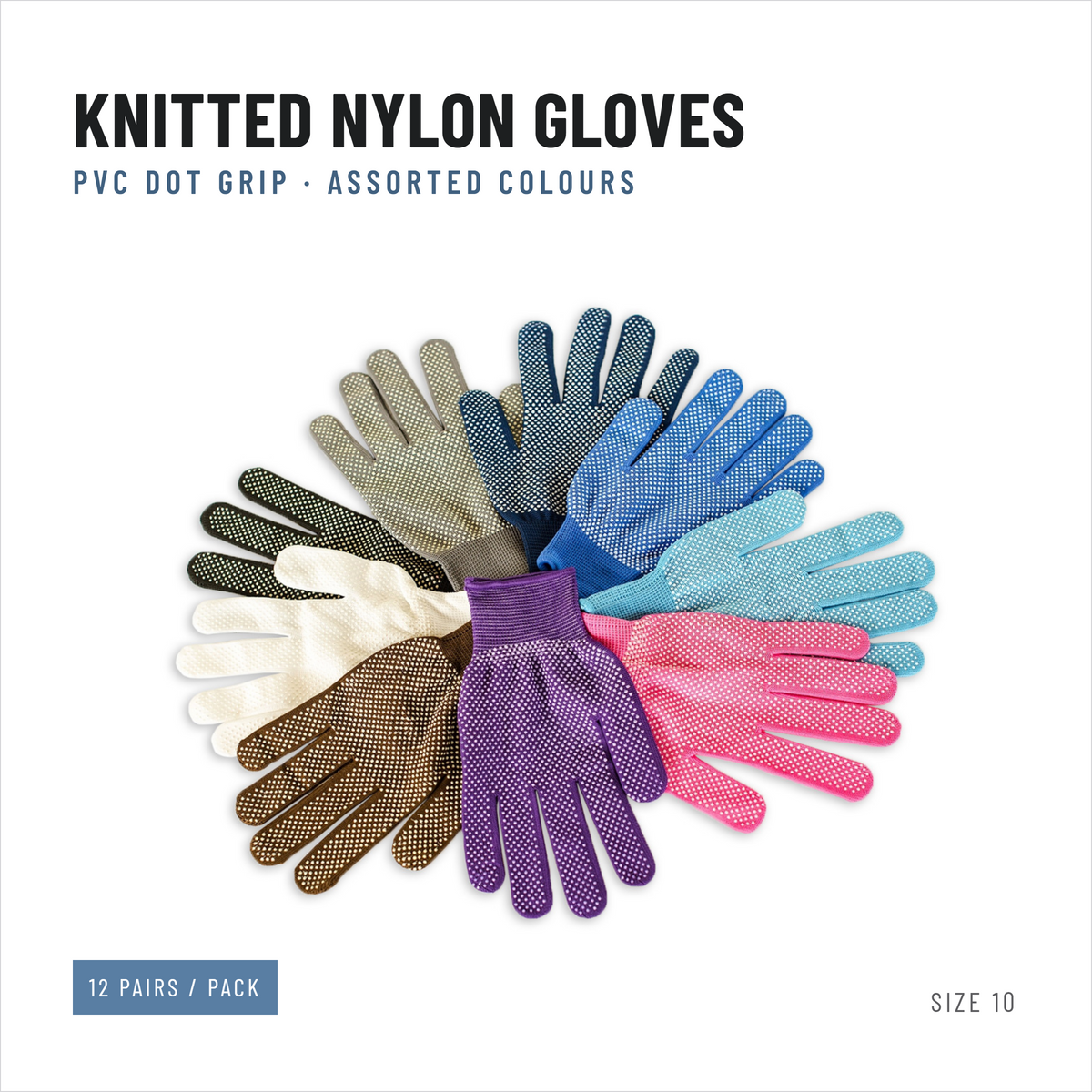 PVC Dot Grip Knitted Gloves, Nylon, Seven Colours, Packs of 12 Pairs