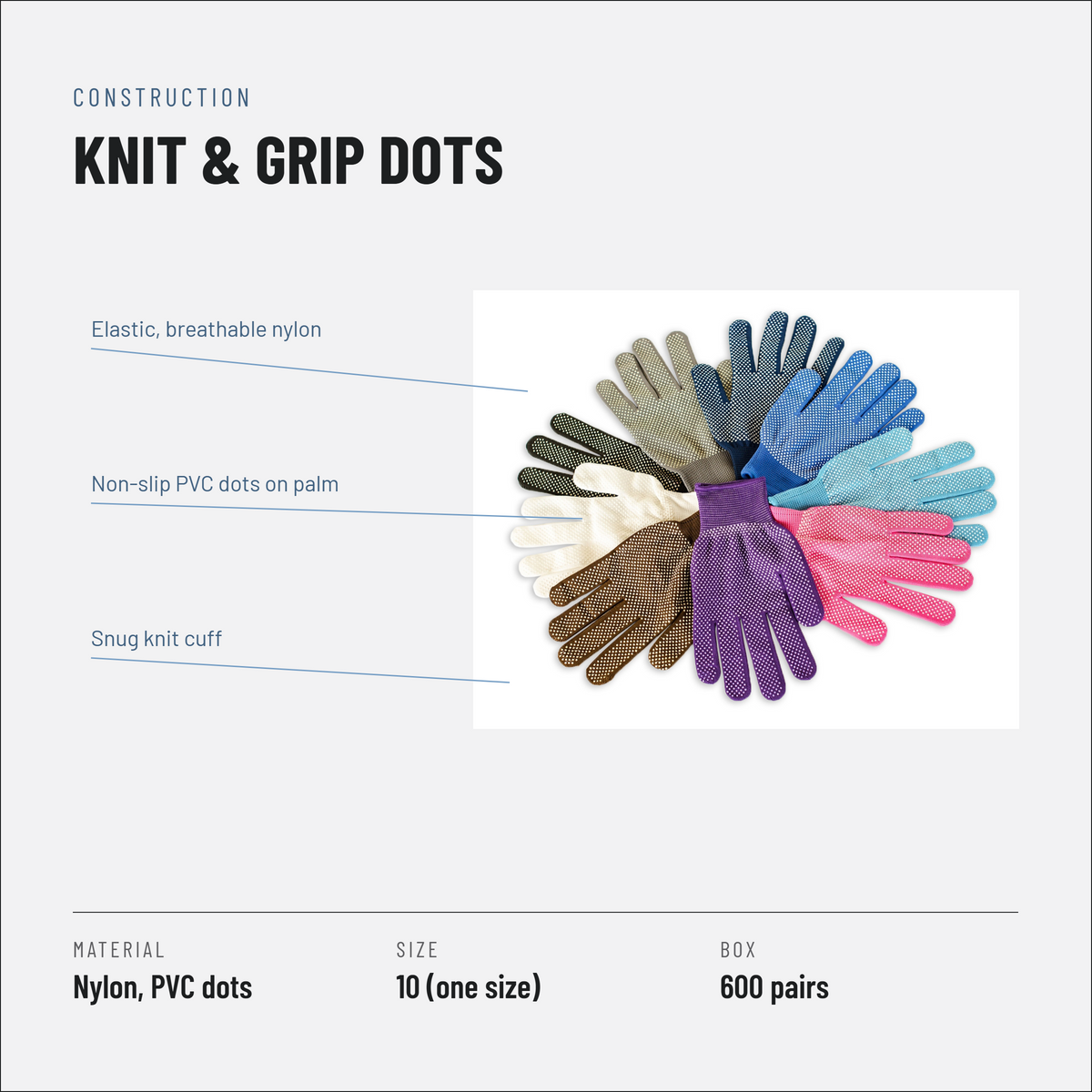 PVC Dot Grip Knitted Gloves, Nylon, Seven Colours, Packs of 12 Pairs