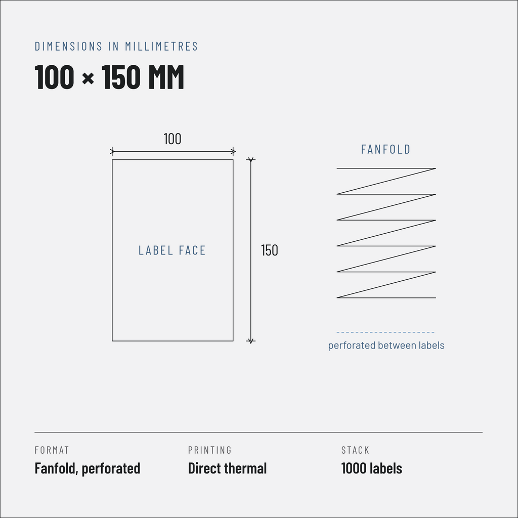 Direct Thermal Shipping Labels 100 x 150 mm, Fanfold Stacks of 1,000