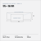 Technical drawing of the C6 document pouch: 175 x 110 mm plus a 15 mm adhesive flap, 30 micron clear PE film
