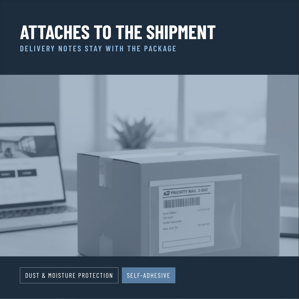 Clear document pouch holding a delivery note on a parcel ready for dispatch