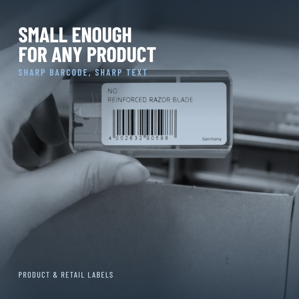 58 x 30 mm thermal labels applied to retail product packaging and shelf edges
