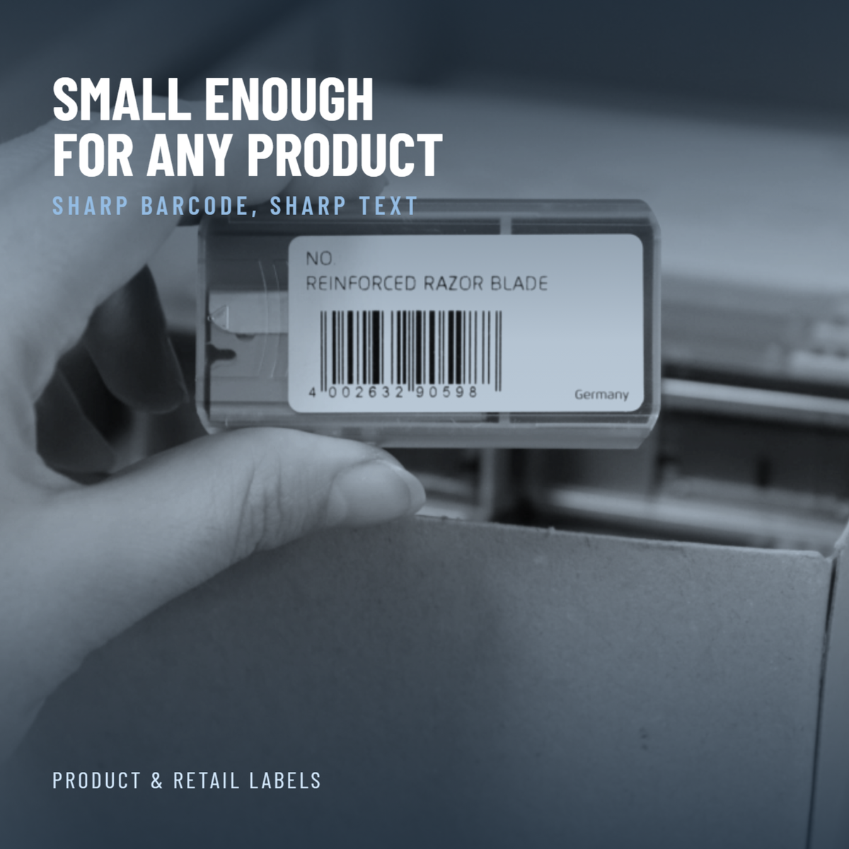 58 x 30 mm thermal labels applied to retail product packaging and shelf edges