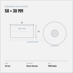Technical drawing of the 58 x 30 mm label: 40 mm core, 85 mm roll outer diameter, 1,000 labels per roll
