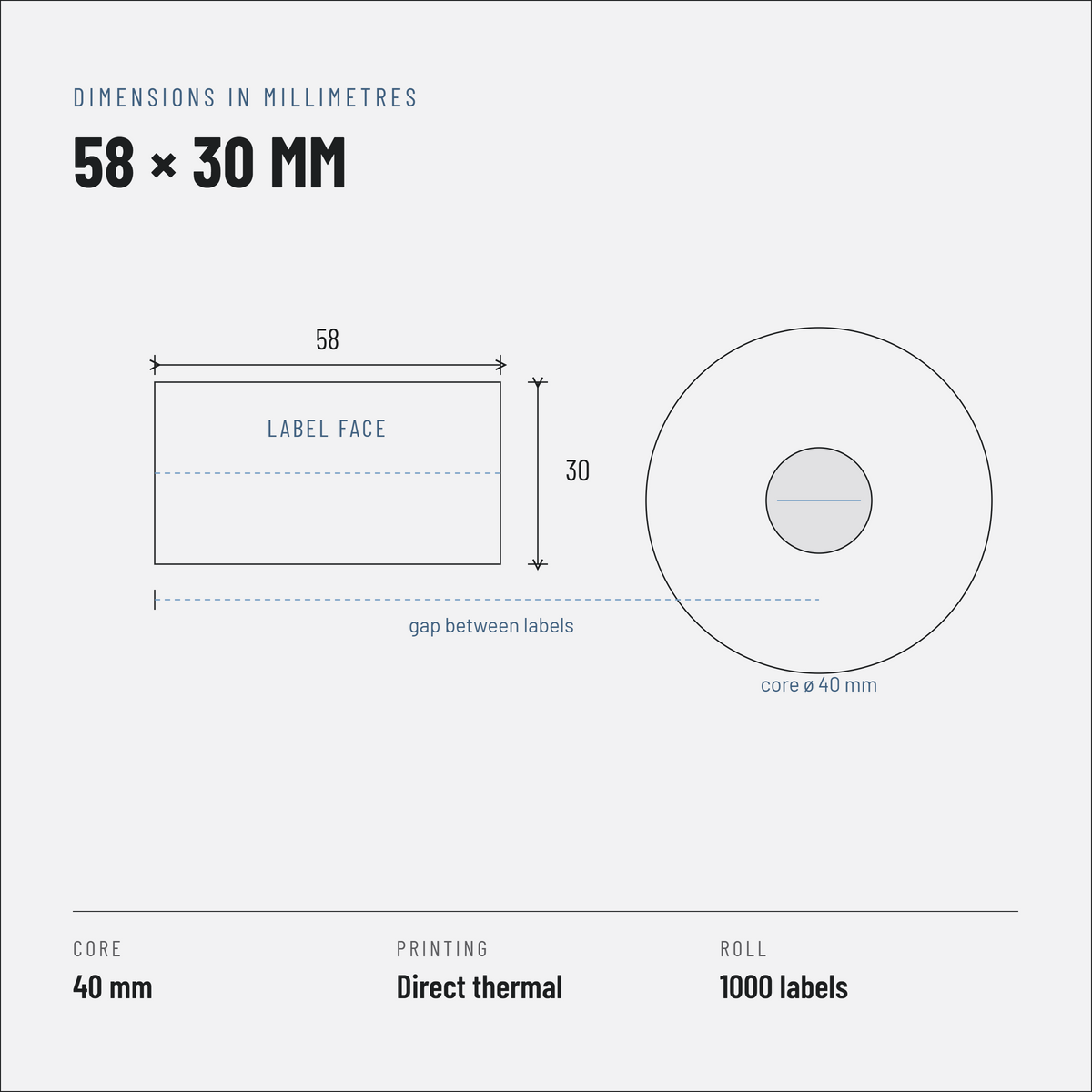 Technical drawing of the 58 x 30 mm label: 40 mm core, 85 mm roll outer diameter, 1,000 labels per roll